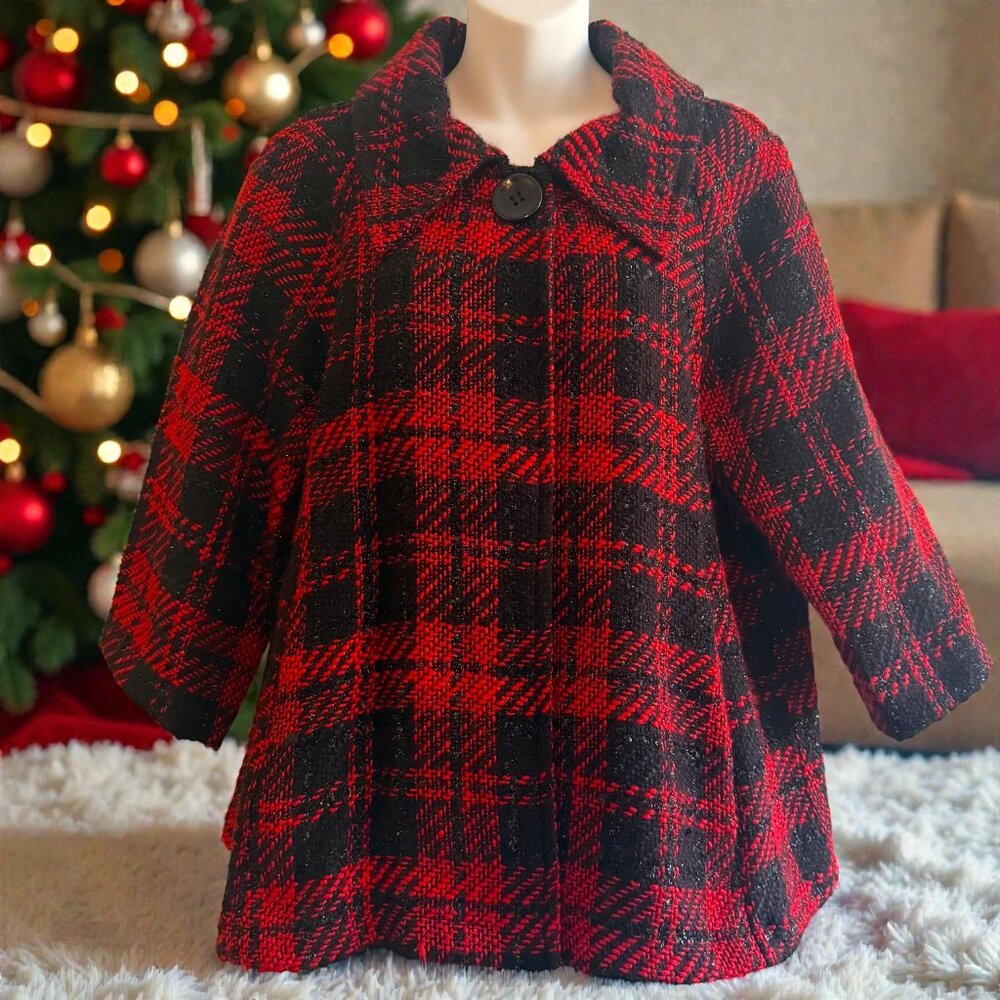 Vintage 80's Red & Black Plaid Metallic Textured Jacket | Size Small - Picture 3 of 11